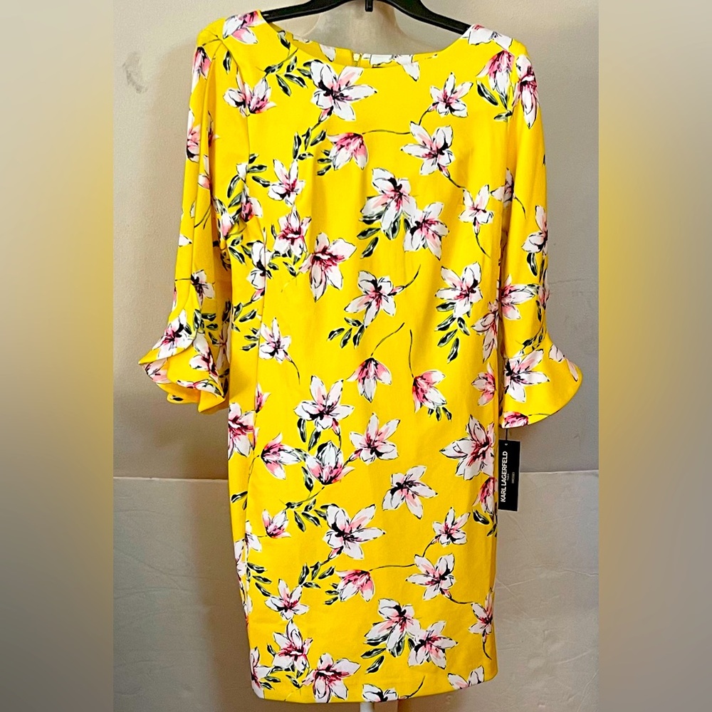 NWT Karl Lagerfeld Paris Yellow Multi Color Dress. Size 8